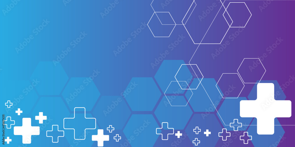 Vector illustration of healthcare and technology concept with flat icons and symbols. Template design for health care business, innovation medicine, pharmaceutical industry, science, medical research.