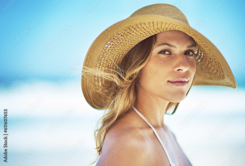 Mockup, summer and portrait of woman at beach for travel vacation, tropical and relax space. Wellness, nature and holiday with face of female tourist and hat at seaside for sunbathing and paradise