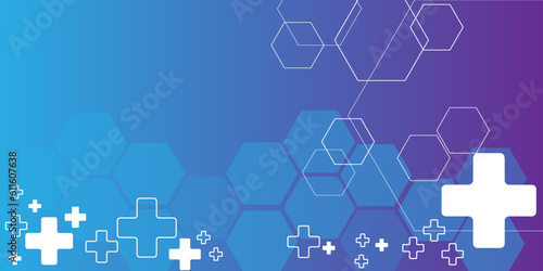 Vector illustration of healthcare and technology concept with flat icons and symbols. Template design for health care business, innovation medicine, pharmaceutical industry, science, medical research.