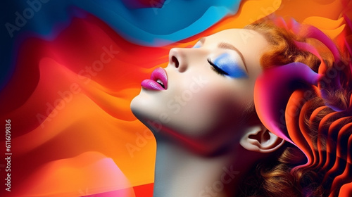 Pop art style abstract photography featuring a young woman and a colorful patterned background, psychedelic created with generative ai