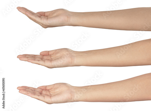 Outstretched female hand on white