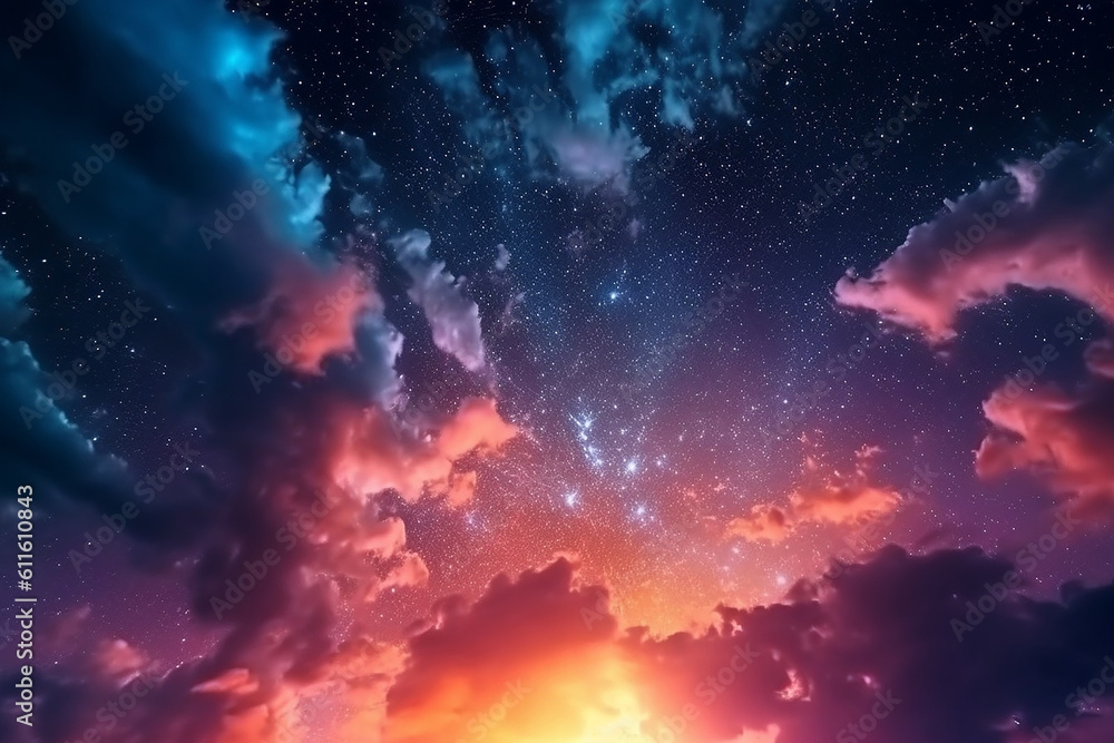 AI generative image of an anime sky at night with a beautiful clouds and colorful image of universe 