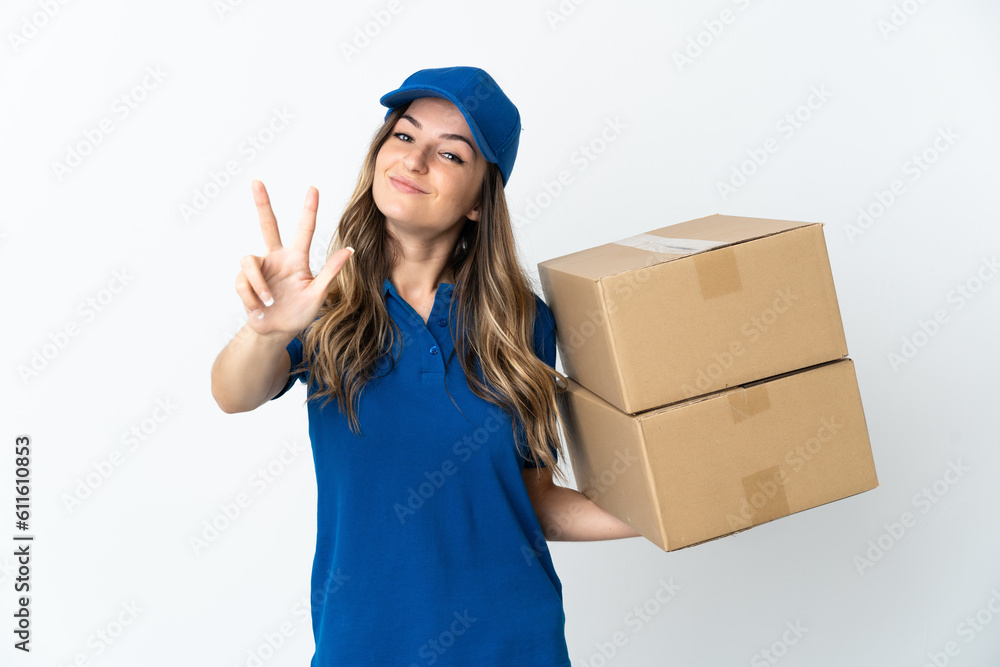 Young Romanian delivery woman isolates on white background happy and counting three with fingers Young Romanian delivery woman isolates on white background happy and counting three with fingers