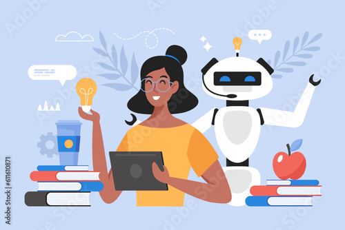 Education with artificial intelligence concept. Modern vector illustration of student using AI technology for studing and learning