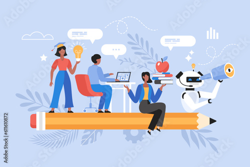 Back to school concept. Education artificial intelligence concept. Modern vector illustration of students using AI technology for studying and learning