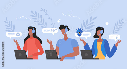 Call center and global technical support business concept.  Modern vector illustration of people hotline operator for customers