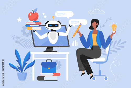 Education with artificial intelligence concept. Modern vector illustration of young woman using AI technology for studing and learning