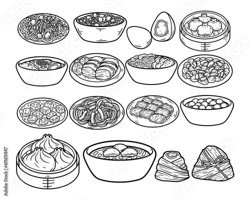 Set of chinese food vector hand drawn outline sketch illustration