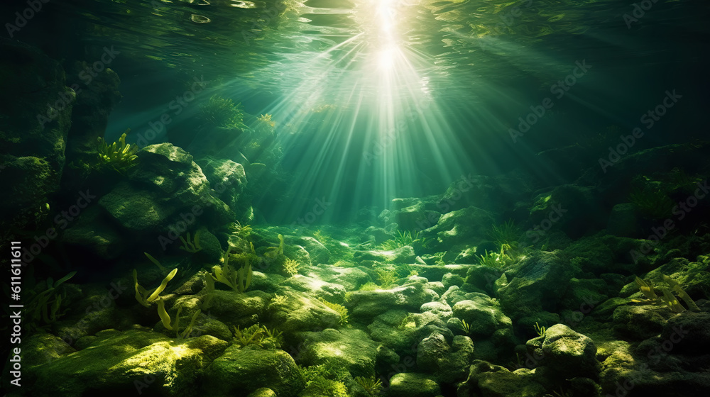 Fototapeta premium Underwater sunlight through the water surface seen from a rocky seabed with algae. Generative AI