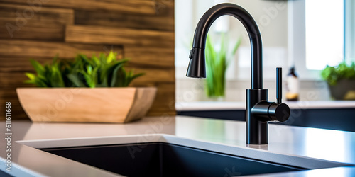 Black kitchen faucet with a white sink and green plant in a stylish modern kitchen. Water tap , faucet. Modern bathroom faucet 