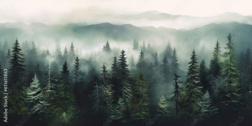 Obraz premium Misty landscape with fir forest in vintage retro style. Generative AI