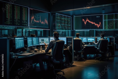 Group of stockbrokers sitting in front of multiple computer screens