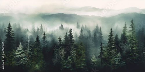Misty landscape with fir forest in vintage retro style. Generative AI © AngrySun