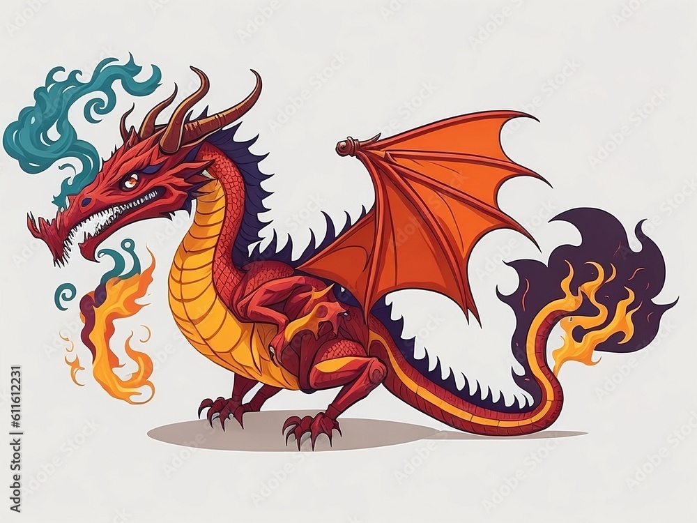 Fairy tale dragon, magic creature with tail and wings. cartoon illustration of fire breathing monsters from medieval mythology, Generative AI, Generative, AI Fairy tale dragon, magic creature with tail and wings. cartoon illustration of fire breathing monsters from medieval mythology, Generative AI, Generative, AI