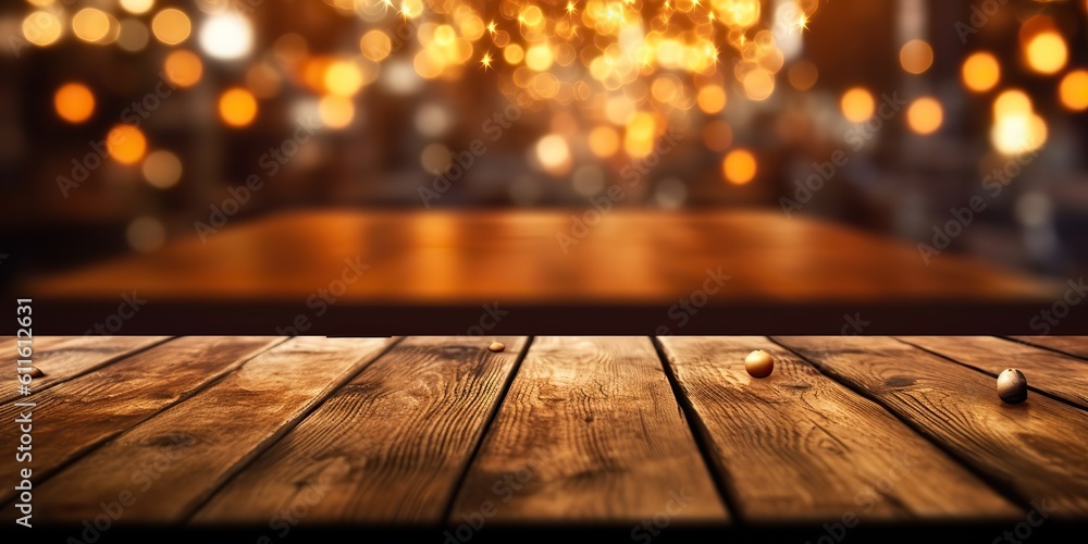 AI Generated. AI Generative. Blur bookeh ligh on background. Wooden table. Party decoration xmas christmas vibe. Graphic Art AI Generated. AI Generative. Blur bookeh ligh on background. Wooden table. Party decoration xmas christmas vibe. Graphic Art