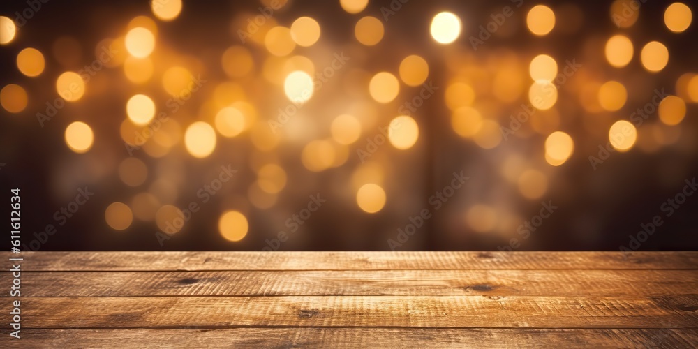 AI Generated. AI Generative. Blur bookeh ligh on background. Wooden table. Party decoration xmas christmas vibe. Graphic Art