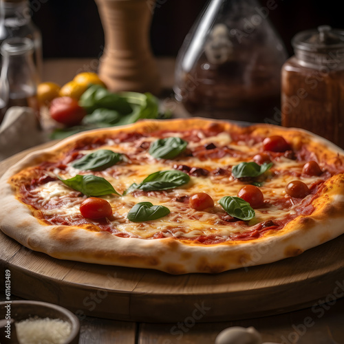  A scrumptious vegetarian pizza showcasing cherry tomatoes, mozzarella cheese, and fresh basil. Close-up.
