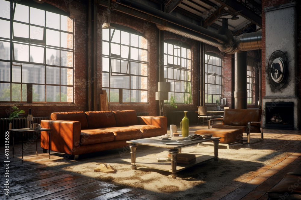 Industrial Style Loft With Large Windows, Generative AI Industrial Style Loft With Large Windows, Generative AI