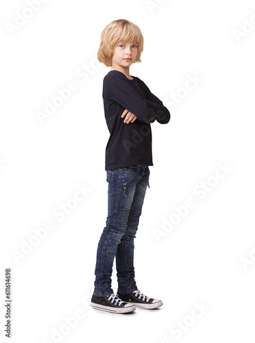 Little girl, portrait and standing arms crossed in confidence isolated on a transparent PNG background. Full body of serious and confident female person, teen or child posing in casual style fashion photo