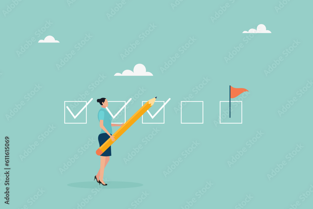 Keep track of target work. Checklist of progress. check work. The girl makes a mark with a pencil. Vector flat style illustration.
Keep track of target work. Checklist of progress. check work. The girl makes a mark with a pencil. Vector flat style illustration.
