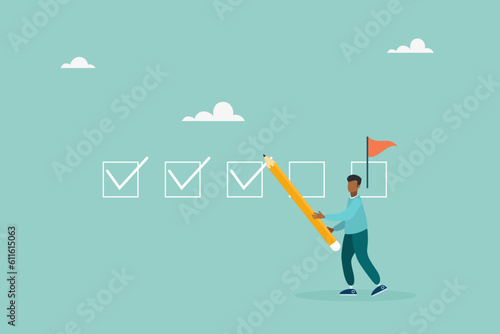 Keep track of target work. Checklist of progress. check work. The guy makes a mark with a pencil. Vector flat style illustration.
