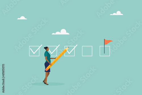Keep track of target work. Checklist of progress. check work. The girl makes a mark with a pencil. Vector flat style illustration.
