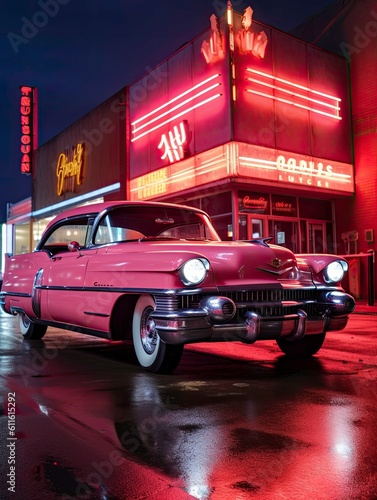 Retro Style Pink Vehicle Parked by Neon Light Snack Bar Generated by AI photo