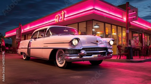 Foto Retro Style Pink Vehicle Parked by Neon Light Snack Bar Generated by AI