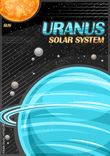 Vector Poster for Uranus, vertical banner with illustration of rotating satellites around cartoon uranus planet on black starry background, decorative a4 cosmo leaflet with word uranus - solar system
