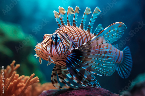 Lionfish glides through the crystal-clear waters of a tropical sea. Generative AI