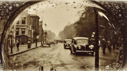 Retro Style Window with Large Water Drops on Tinted Glass Generated by AI