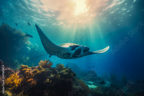 Manta ray gracefully swimming through the vibrant tropical sea. Generative AI