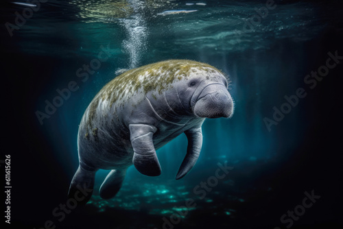 Manatee gracefully swims beneath the water surface. Fascinating marine mammal in its peaceful underwater habitat. Generative AI