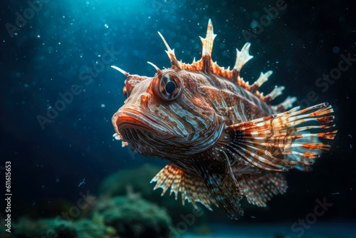 Scorpionfish up close, with its intricate details, vibrant colors and unique features. Fascinating and venomous marine creature. Generative AI © Microgen