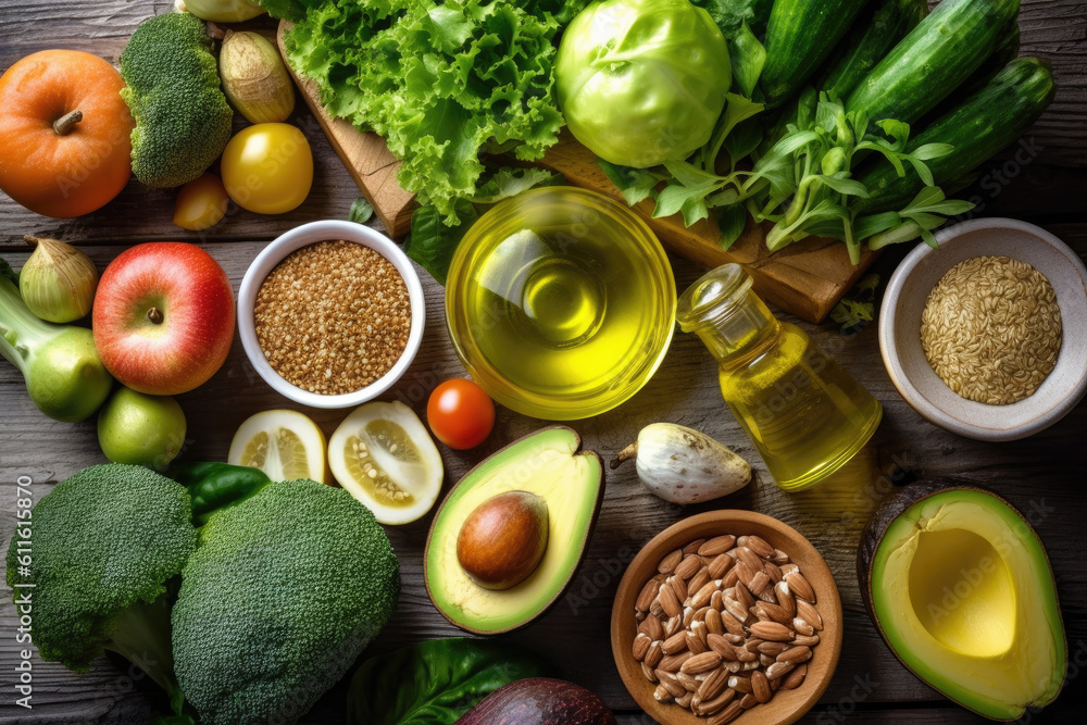 Border liver detox diet food concept, fruits, vegetables, nuts, olive oil, garlic. Cleansing the