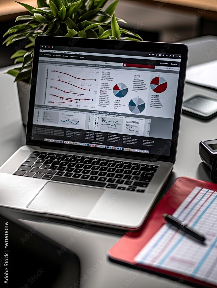 Fototapeta premium Business Presentation with Markers and Images on Laptop Screen Generated by AI