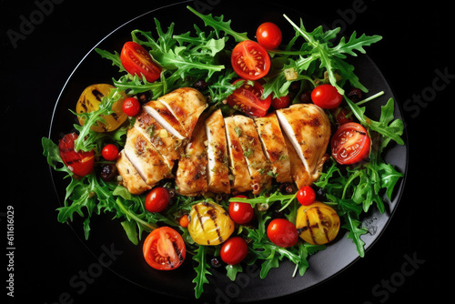 Chicken breast fillet grilled and fresh vegetable green salad with arugula, tomatoes and olives on black background, healthy food, mediterranean diet, top view, Generative AI