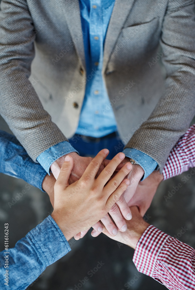 Collaboration, top view and hands together for cooperation, team building or solidarity. Teamwork, hand huddle and group of people with motivation, trust or support for community goals in partnership