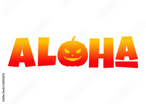 Logo feliz Halloween. Letras de la palabra aloha con letras estilo hawaiano con silueta de calabaza de Halloween en lugar de letra O