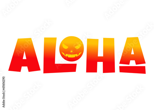 Logo feliz Halloween. Letras de la palabra aloha con letras estilo hawaiano con letra O con sonrisa de calabaza de Halloween