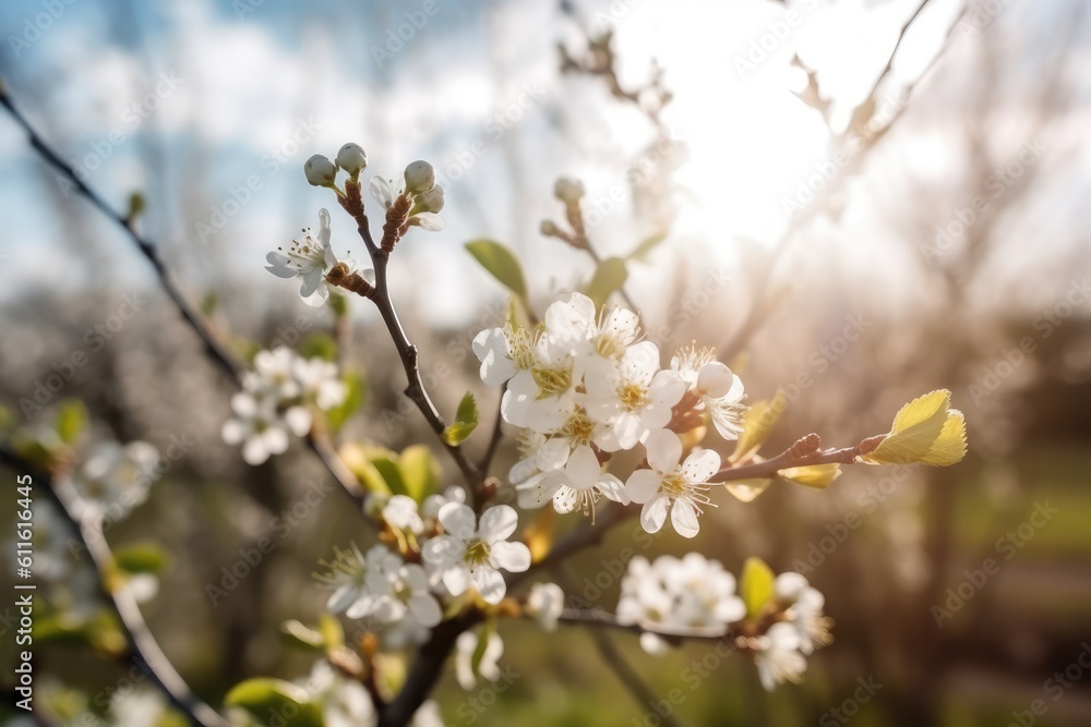 This photo captures the stunning beauty of spring with blooming cherry blossom trees. Generative AI