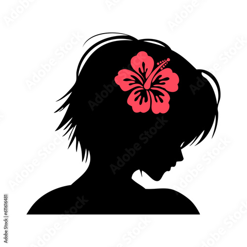 Logo vacaciones en Hawái. Silueta aislada de hombros y cabeza de mujer desnuda de perfil con flor de hibisco en el pelo