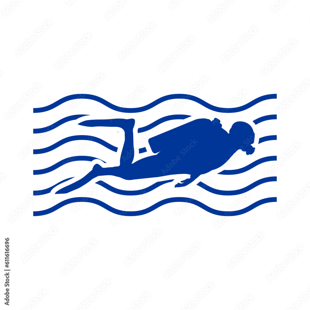 Logo club de submarinismo. Silueta submarinista con olas de mar Logo club de submarinismo. Silueta submarinista con olas de mar