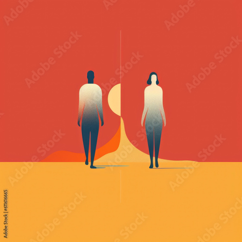 Two people walking in opposite directions ilrating the concept of social identity. Psychology art concept. AI generation photo