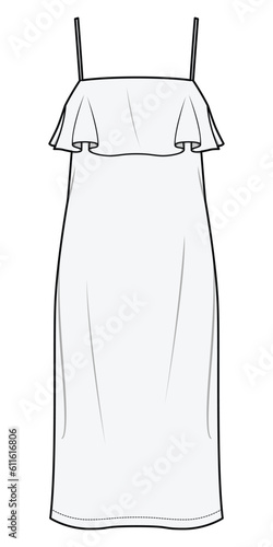 Ruffle Slip Dress, Frill Strap Midi Dress Fashion Illustration, Vector, CAD, Technical Drawing, Flat Drawing, Template, Mockup.
