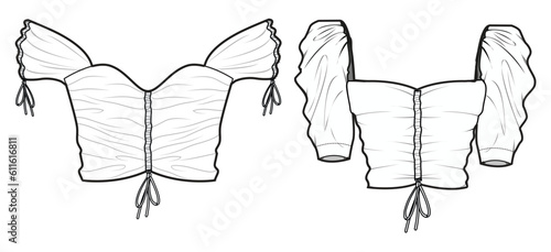 Sweetheart Neck Ruched Drawstring Crop Top Set Fashion Illustration, Vector, CAD, Technical Drawing, Flat Drawing, Template, Mockup.