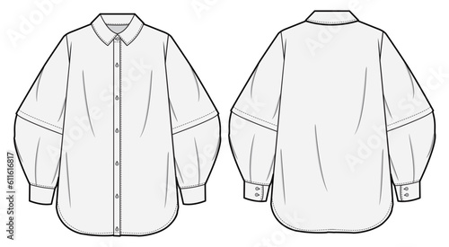 Women Baggy Long Sleeve Loose Fit Oversize Shirt  Front and Back View. Fashion Illustration, Vector, CAD, Technical Drawing, Flat Drawing, Template, Mockup.
