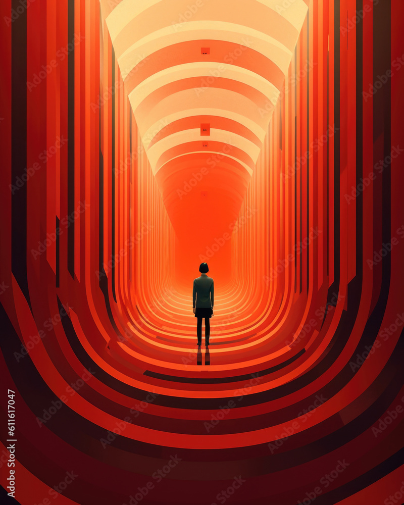 A person standing in an infinite loop of a hallway representing the endless cycle of traumatic memories Psychology art concept. AI generation