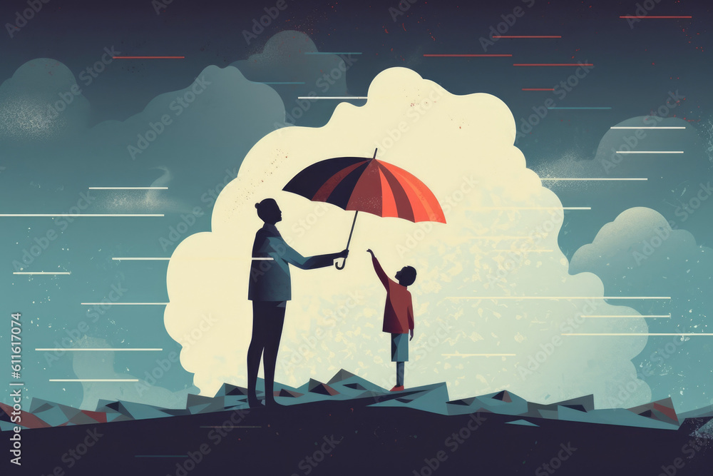 A parent in a protective stance shielding their child from a stormy sky ilrating the difficulties of shielding Psychology art concept. AI generation