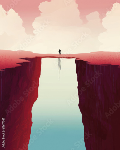A person standing on a tightrope over a deep chasm demonstrating the difficulty of balancing life with a mental Psychology art concept. AI generation